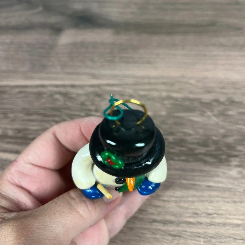 Snowman Ornament Christmas OS White Green Scarf Broom‎ Clay Whimsical